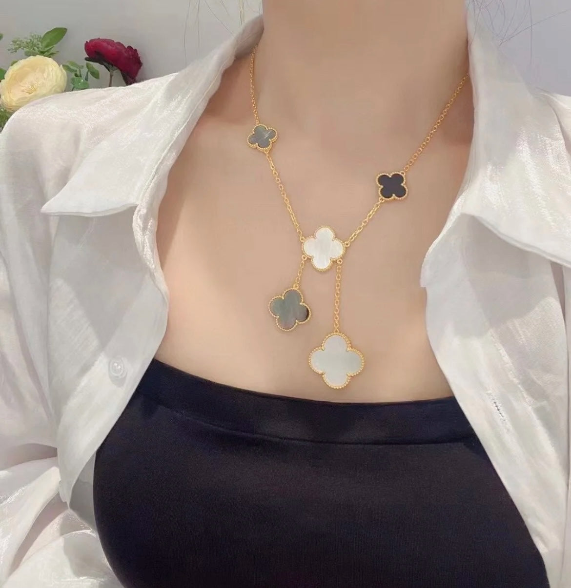 ¡®Sprite Jewelry¡¯CLOVER 6 MOTIF MOP ONYX GOLD NECKLACE