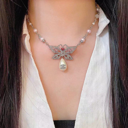 [Sprite Jewelry] Bow & Pearl Double C Pavé Diamond Necklace