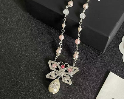 [Sprite Jewelry] Bow & Pearl Double C Pavé Diamond Necklace