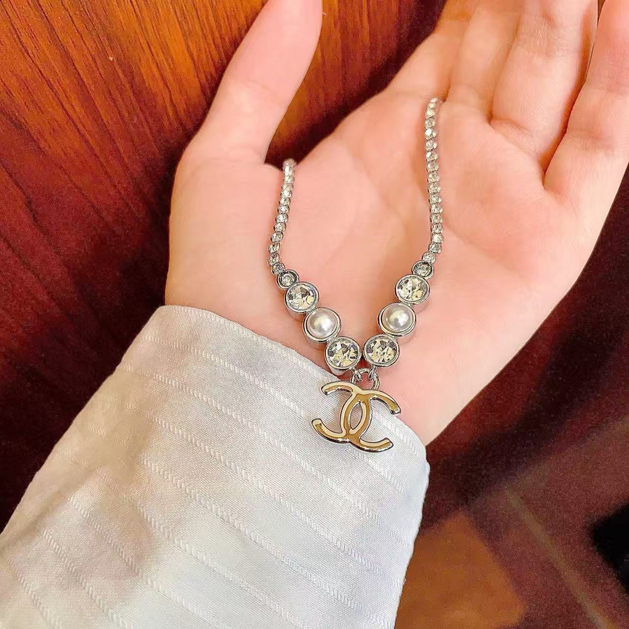 [Sprite Jewelry]Double C Necklace with Pearls & Cubic Zirconia