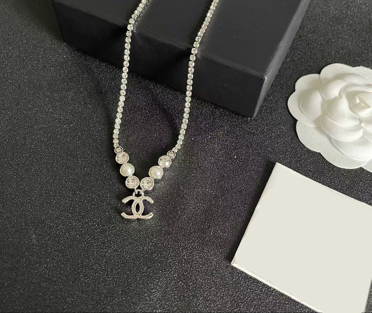 [Sprite Jewelry]Double C Necklace with Pearls & Cubic Zirconia