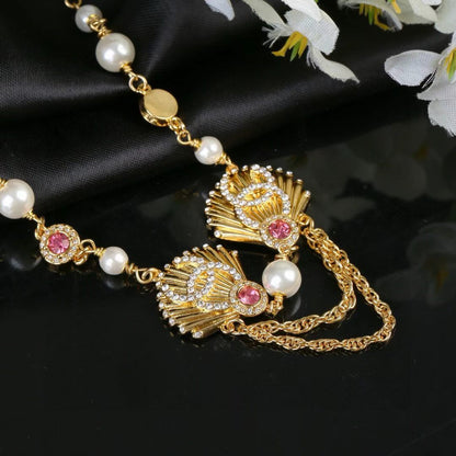 [Sprite Jewelry]Vintage Fan Motif Double CC Crystal & Pearl Necklace