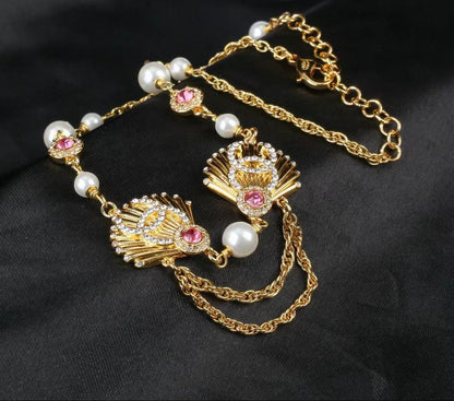 [Sprite Jewelry]Vintage Fan Motif Double CC Crystal & Pearl Necklace
