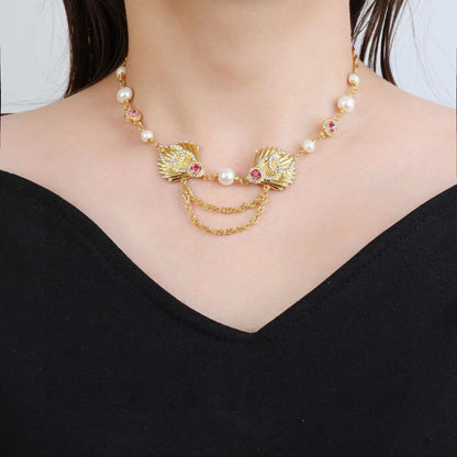 [Sprite Jewelry]Vintage Fan Motif Double CC Crystal & Pearl Necklace