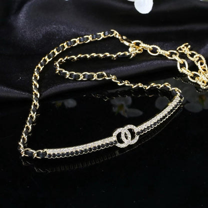 [Sprite Jewelry]Black Leather Interwoven Crystal CC Choker Necklace