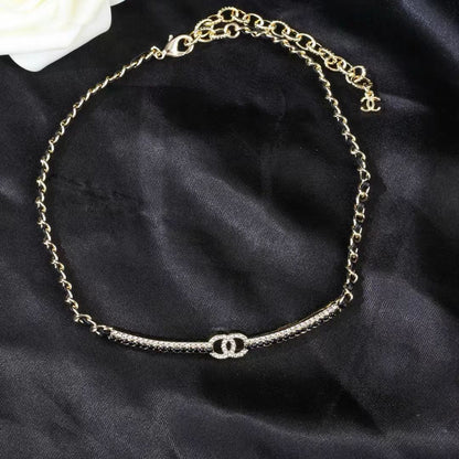 [Sprite Jewelry]Black Leather Interwoven Crystal CC Choker Necklace