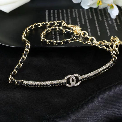 [Sprite Jewelry]Black Leather Interwoven Crystal CC Choker Necklace