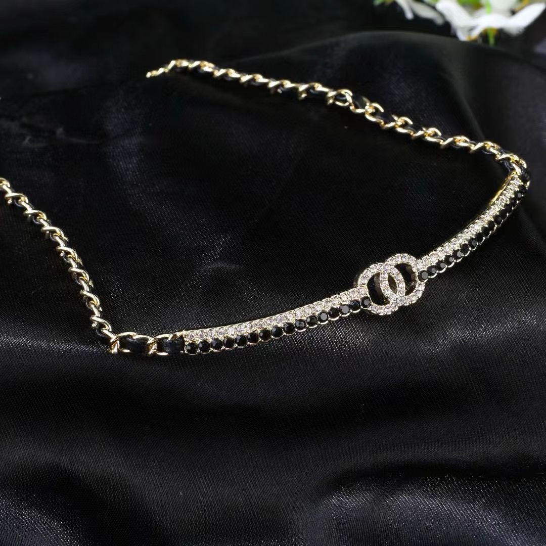 [Sprite Jewelry]Black Leather Interwoven Crystal CC Choker Necklace