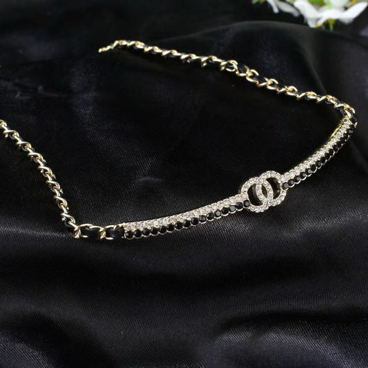 [Sprite Jewelry]Black Leather Interwoven Crystal CC Choker Necklace