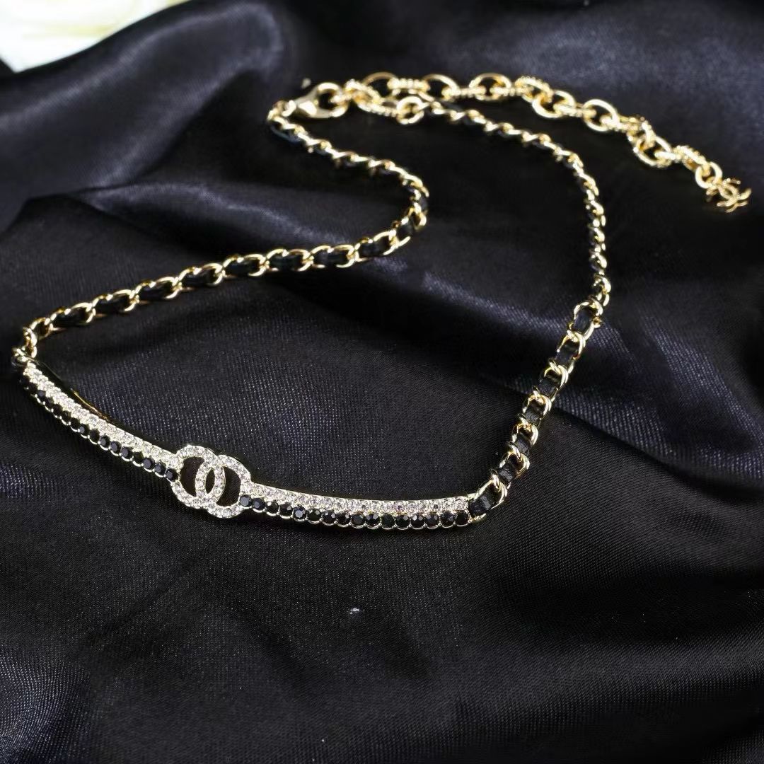 [Sprite Jewelry]Black Leather Interwoven Crystal CC Choker Necklace