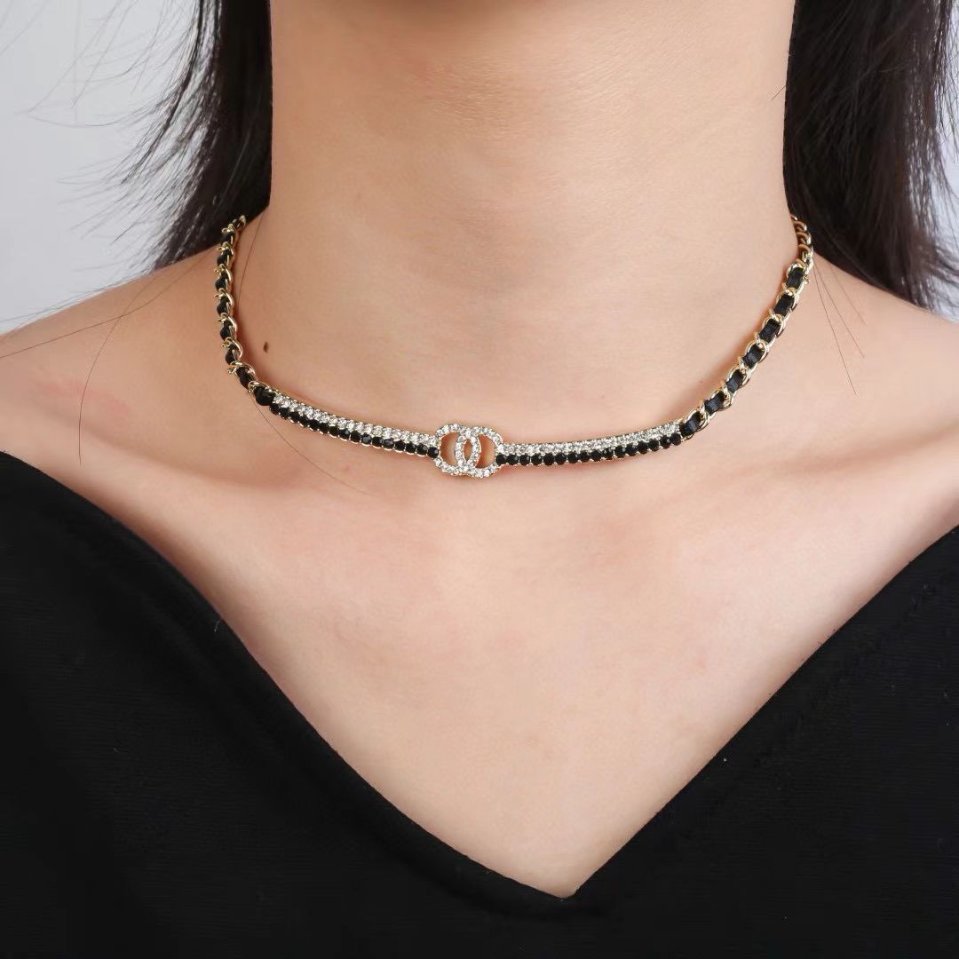 [Sprite Jewelry]Black Leather Interwoven Crystal CC Choker Necklace
