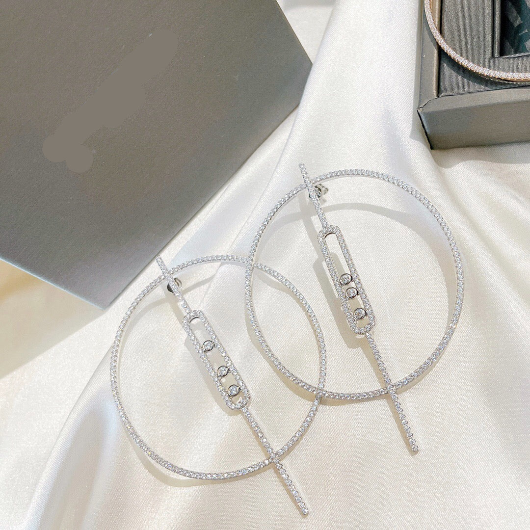 [Sprite Jewelry]Move Large Hoop Earrings, Three Sliding Diamonds