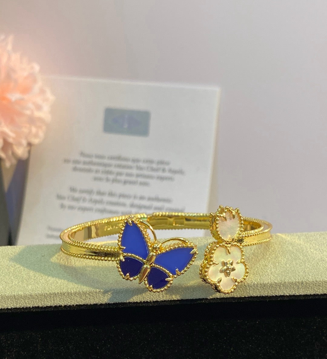 ¡®SpriteJewelry¡¯Lucky Alhambra Butterfly & Clover Open Bangle, Blue Onyx & White MOP Gold‑Tone