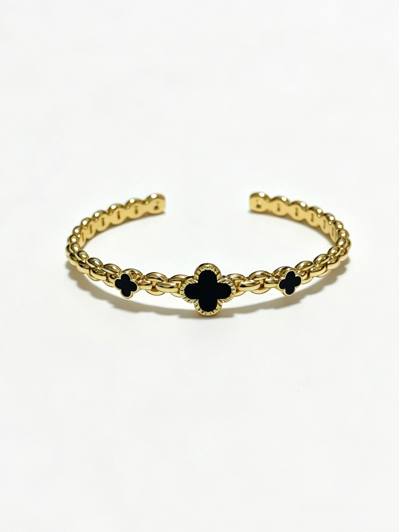 ¡®SpriteJewelry¡¯Vintage Alhambra 3‑Flower Open Cuff, Black Onyx Gold‑Tone Chain Bangle