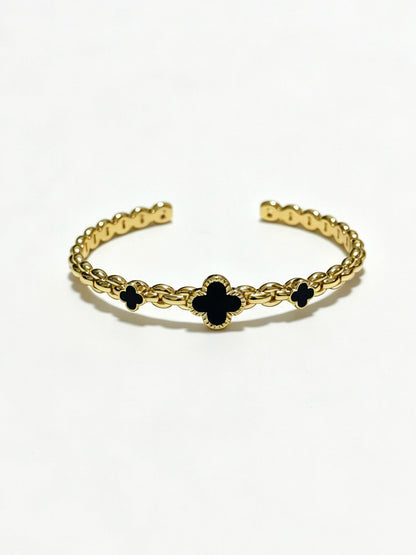 ¡®SpriteJewelry¡¯Vintage Alhambra 3‑Flower Open Cuff, Black Onyx Gold‑Tone Chain Bangle