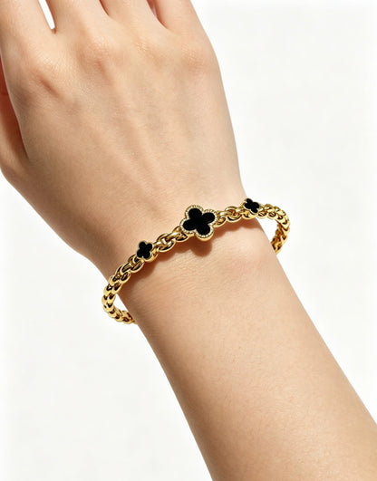 ¡®SpriteJewelry¡¯Vintage Alhambra 3‑Flower Open Cuff, Black Onyx Gold‑Tone Chain Bangle