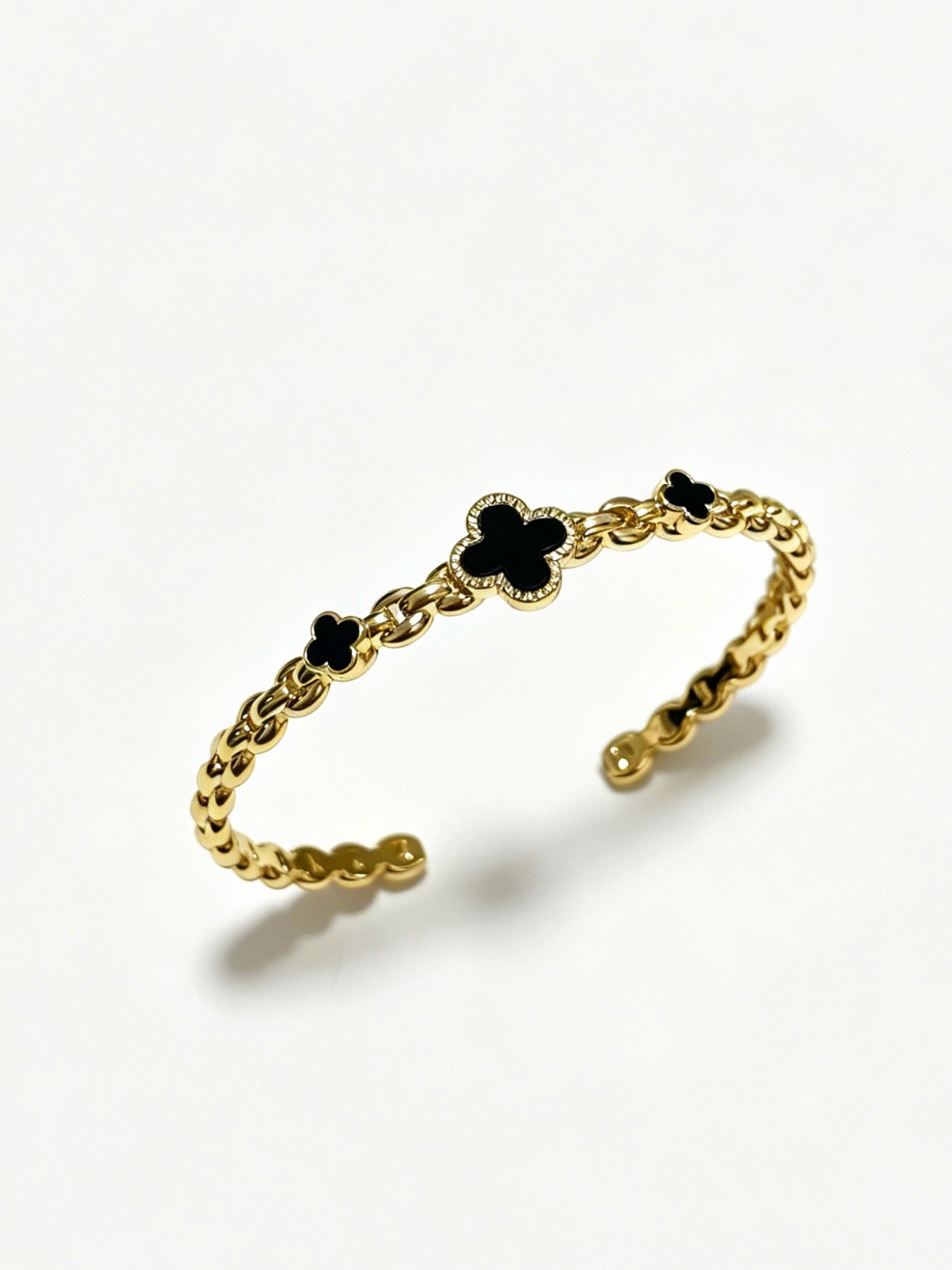 ¡®SpriteJewelry¡¯Vintage Alhambra 3‑Flower Open Cuff, Black Onyx Gold‑Tone Chain Bangle