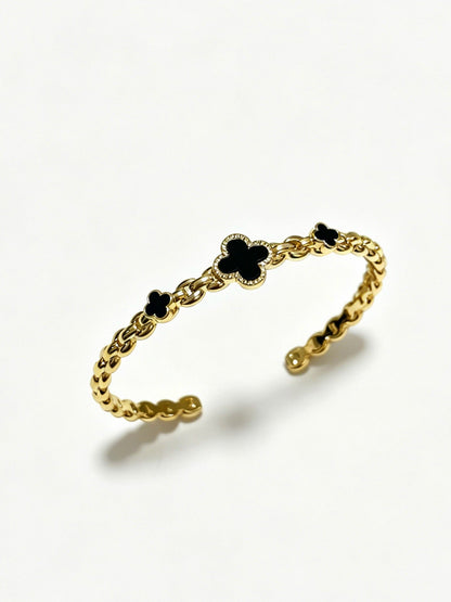 ¡®SpriteJewelry¡¯Vintage Alhambra 3‑Flower Open Cuff, Black Onyx Gold‑Tone Chain Bangle