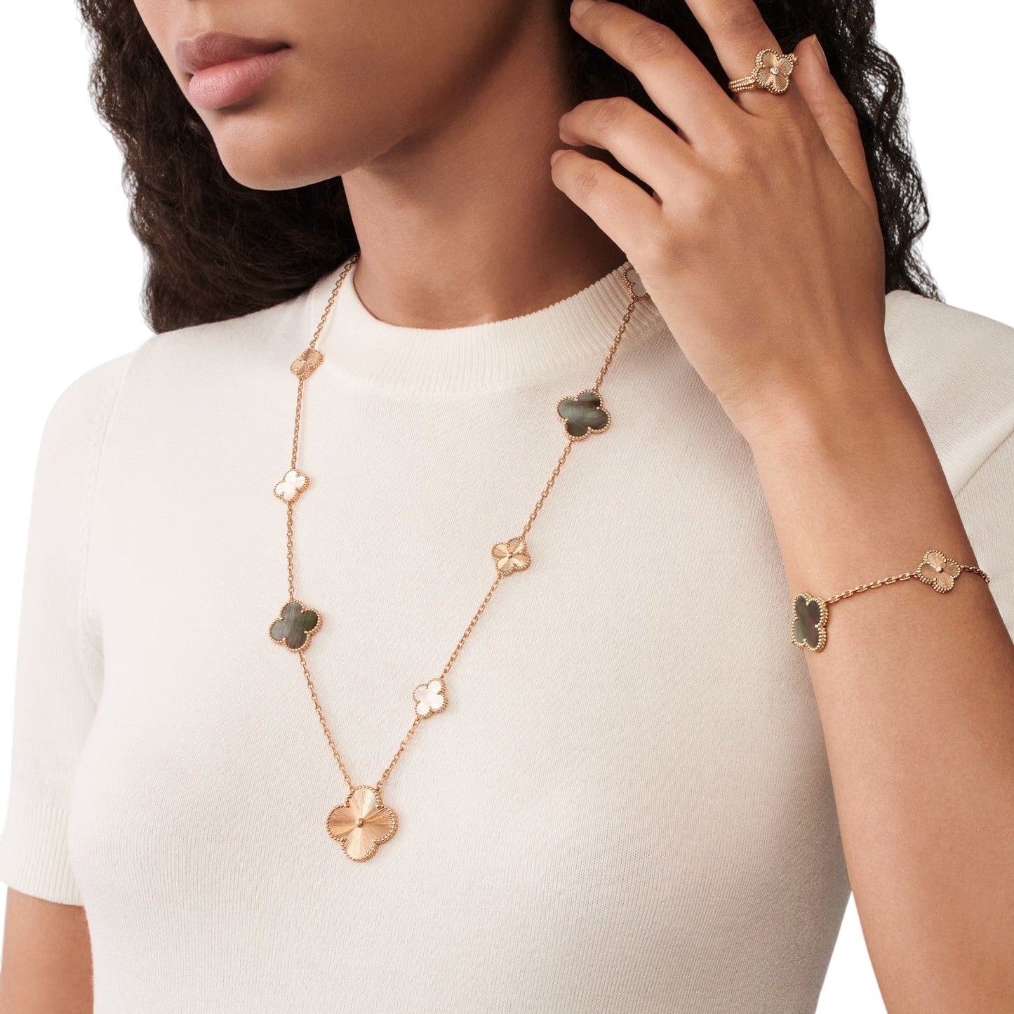 [Sprite Jewelry]DETACHABLE CLOVER 15(11+4) FLOWER ROSE GOLD NECKLACE SET