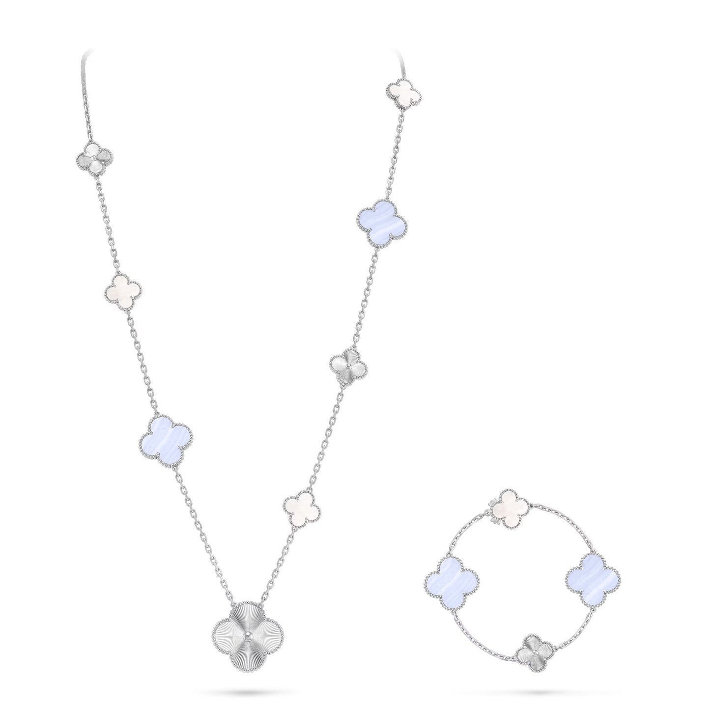 [Sprite Jewelry]DETACHABLE CLOVER 15(11+4) FLOWER SILVER NECKLACE SET