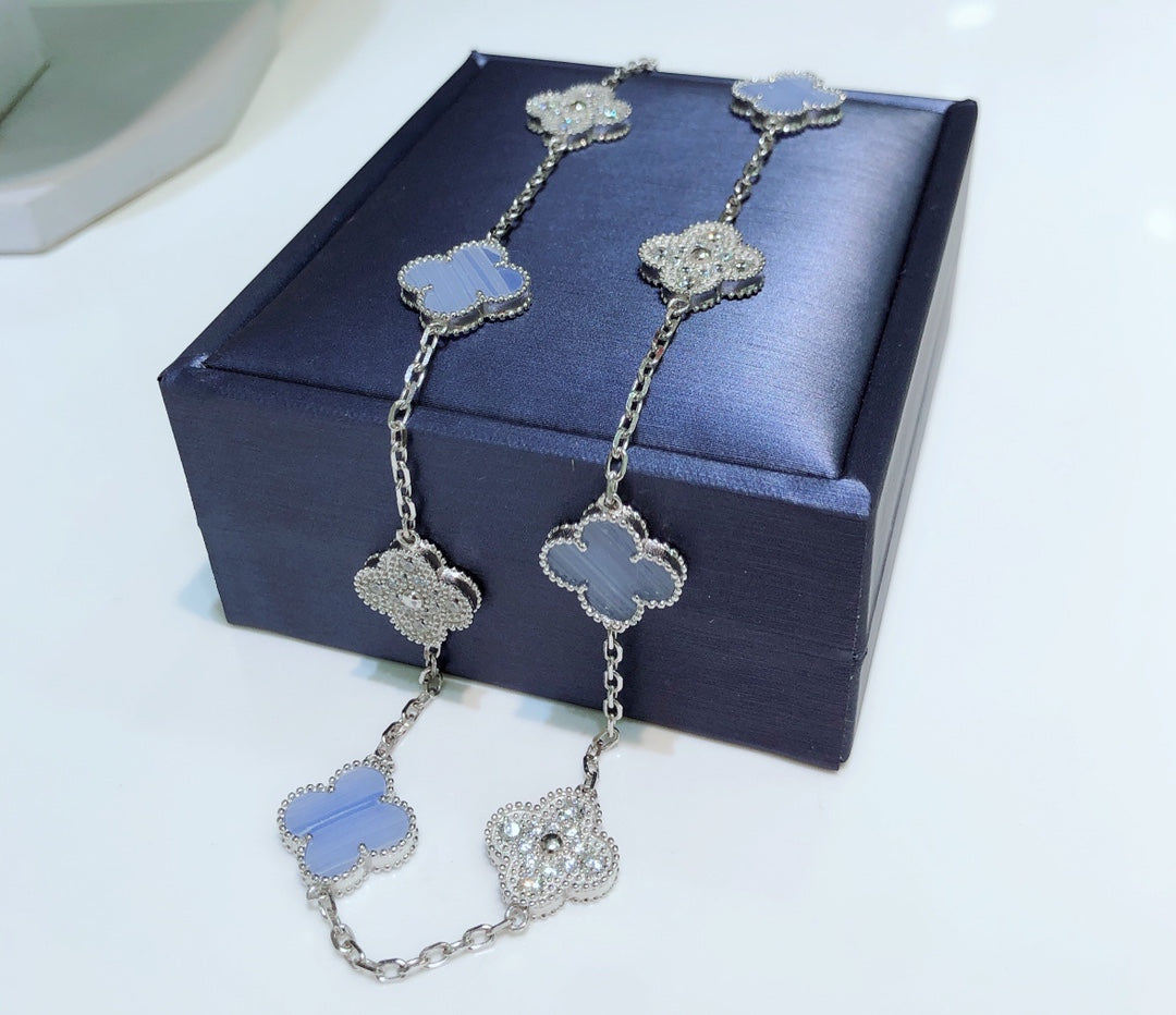 ¡®Sprite Jewelry¡¯CLOVER 10 MOTIFS CHALCEDONY DIAMONDS SILVER NECKLACE